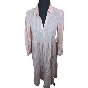 Sundays Elliot Shirt Dress Midi Maxi Pink Striped Long Sleeve Collared Small